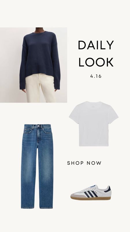 Daily Look 4.16 | white tee, navy sweater, mid-blue jeans, adidas samba sneakers 

#LTKshoecrush #LTKstyletip #LTKSeasonal