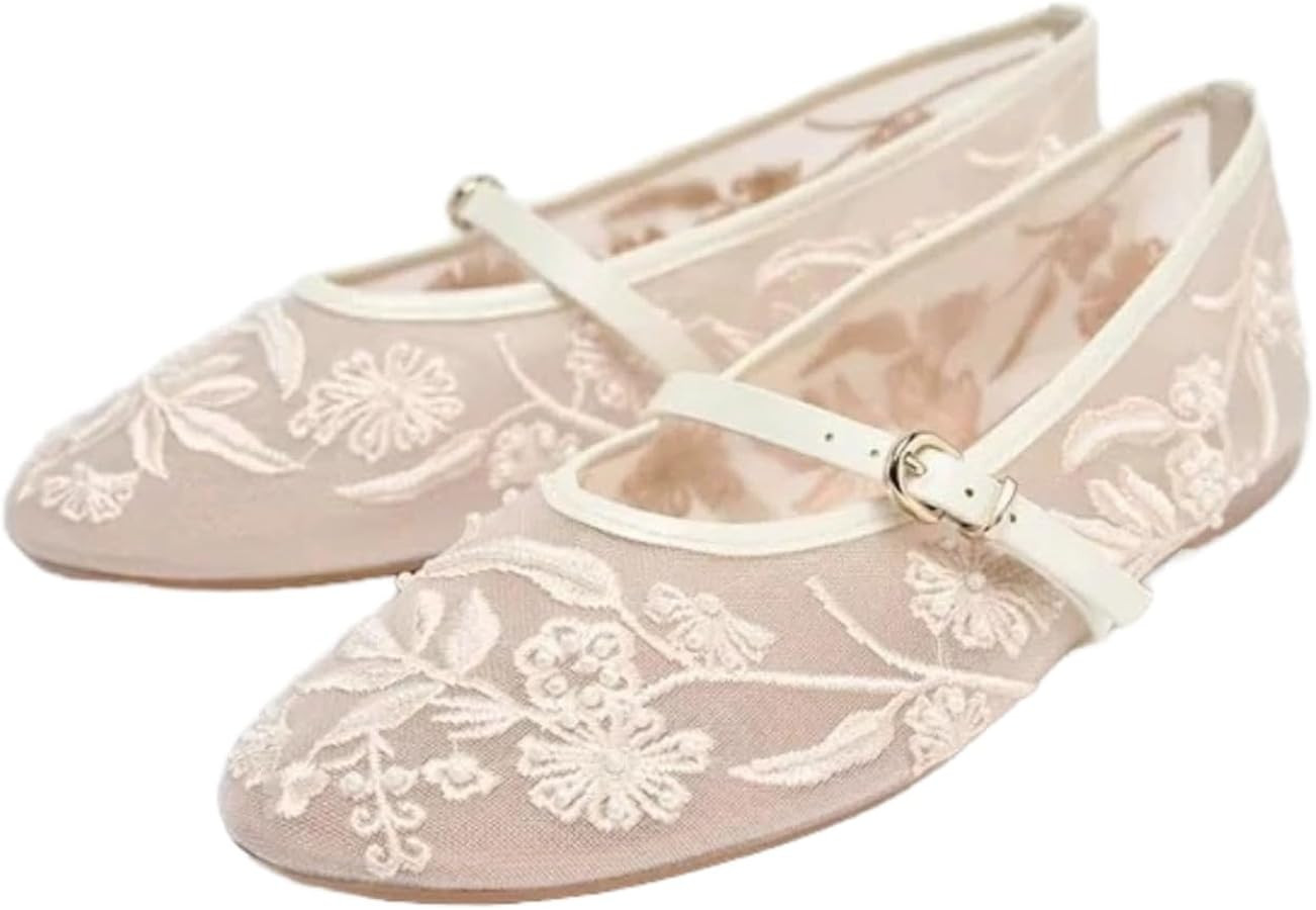 Elbslutt Mesh Ballet Flats for Women Slip On Ballerina Flats Shoes Tulle Floral Embroidered Mary Jane Flats Shoes Nude Buckle Strap Round Toe Comfortable Casual Work Dress Shoes | Amazon (US)