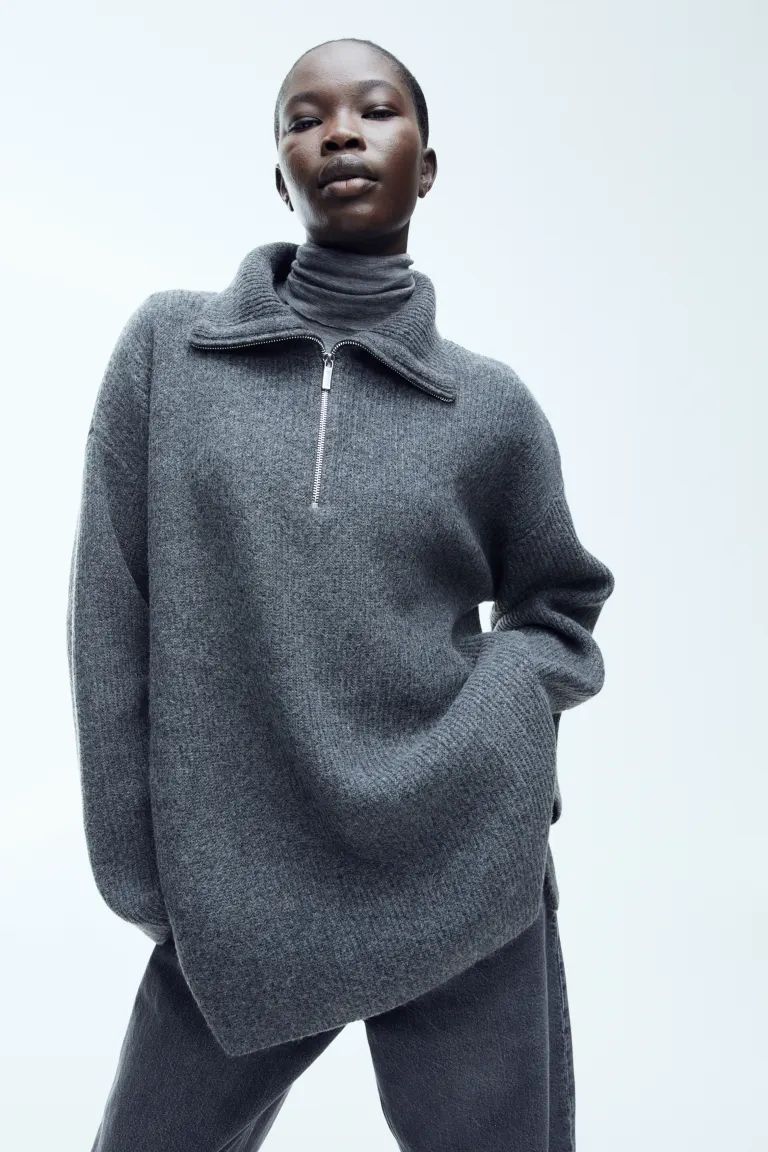 Zip-top rib-knit jumper - Dark grey - Ladies | H&M GB | H&M (UK, MY, IN, SG, PH, TW, HK)