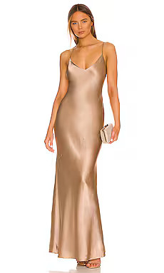 L'AGENCE Serita Maxi V Neck Bias Dress in Cappuccino from Revolve.com | Revolve Clothing (Global)