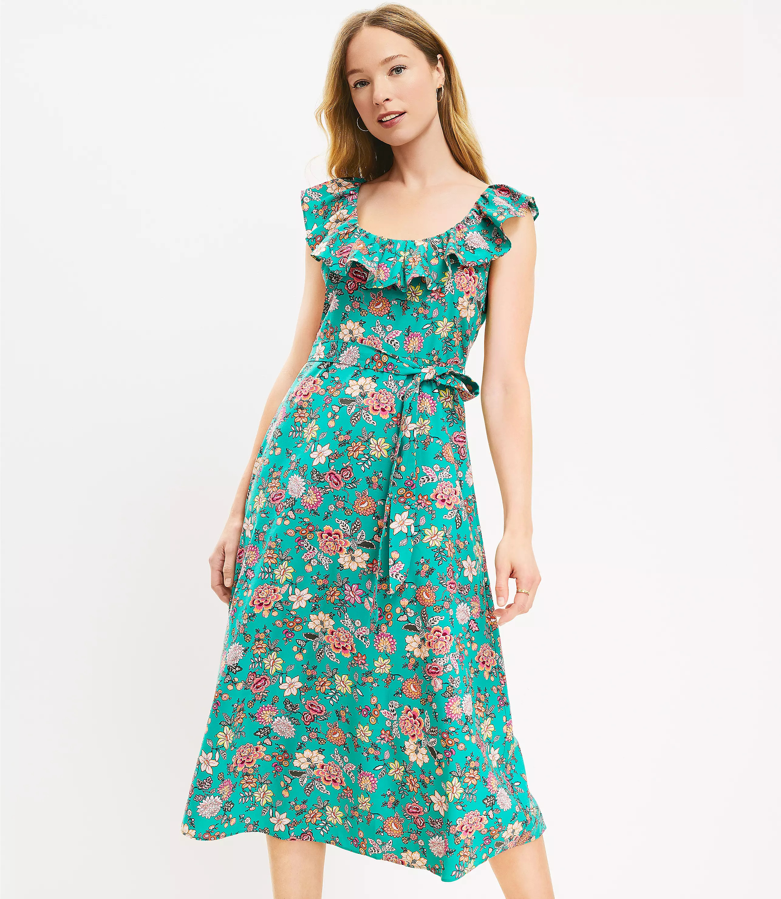 Country Garden Ruffle Scoop Neck Midi Dress | LOFT