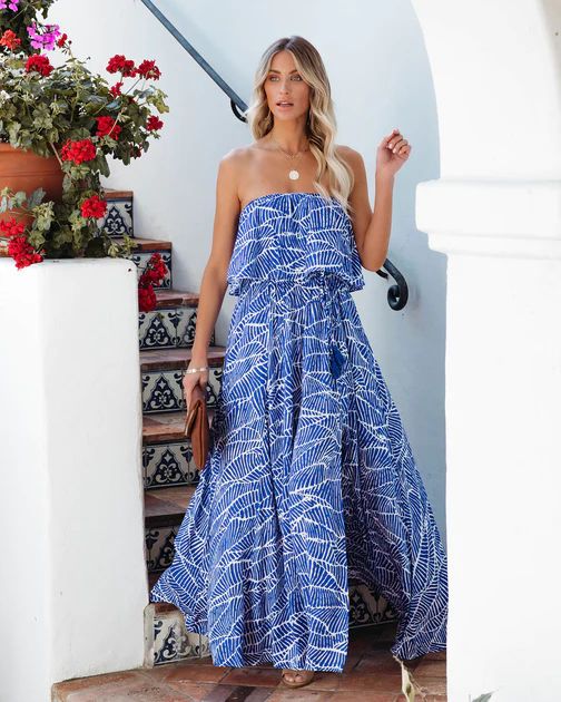 Rosha Printed Strapless Tie Maxi Dress - Royal Blue | VICI Collection