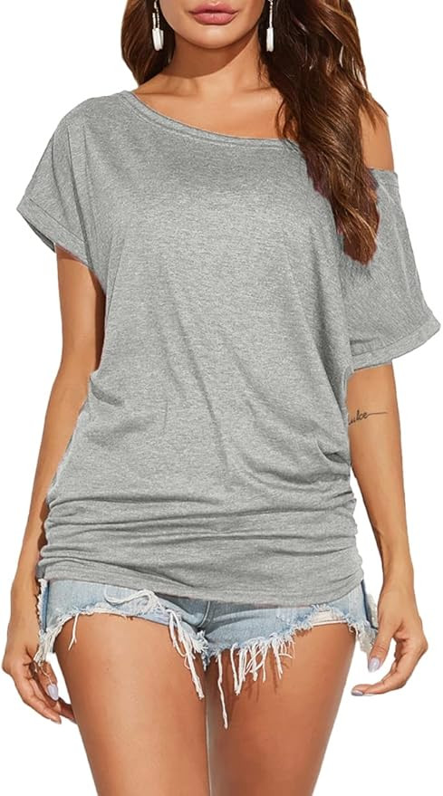 Poetsky Women's Summer Off Shoulder Shirts Casual Loose Short Sleeve Tunics Tops | Amazon (US)