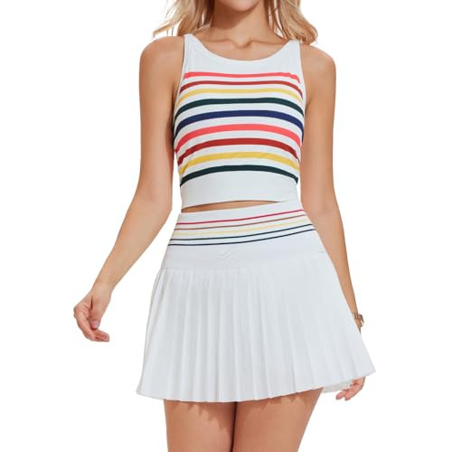 Airfree Two Piece Tennis Skirt Set Golf Outfits for Women High Waisted Tennis Short Dress with Pockets Athletic 2 Piece Sets Rainbow | Amazon (US)