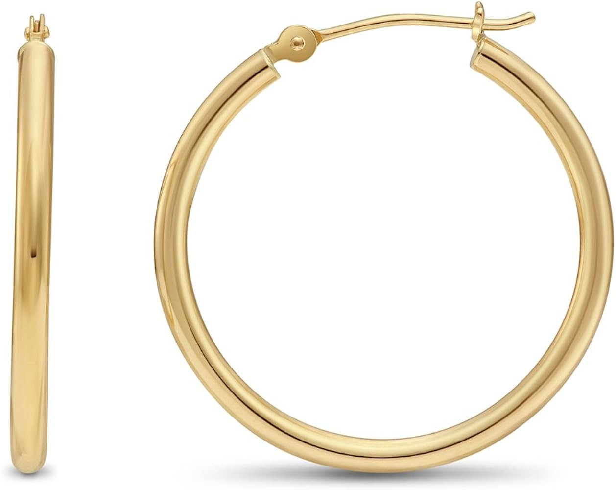 14k Yellow Gold Classic Shiny Polished Round Hoop Earrings, 2mm tube | Amazon (US)
