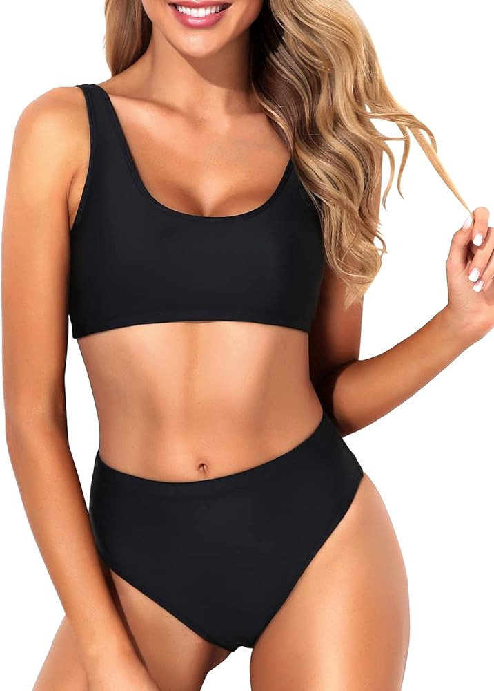 Tempt Me Women Two Piece Scoop Neck Bikini Crop Top Swimsuit Sporty High Waisted Bathing Suit | Amazon (US)