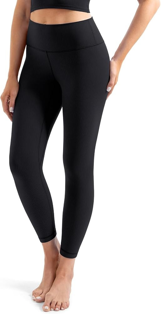 YUNOGA Women's Ribbed High Waisted Tummy Control Leggings Buttery 25" Inseam Workout Yoga Pants | Amazon (US)