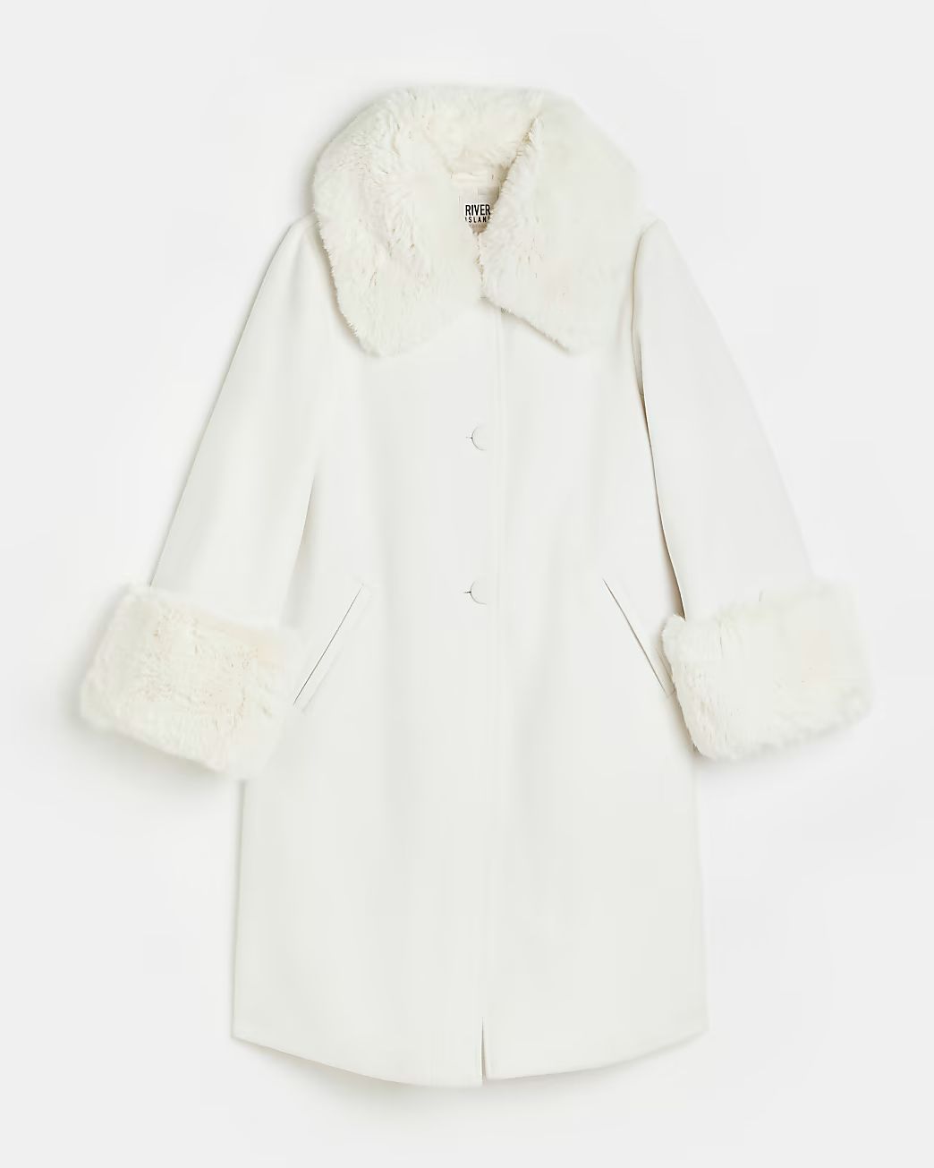 Cream faux fur detail longline coat | River Island (UK & IE)