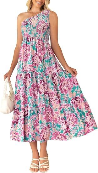 ZESICA Women's Bohemian Summer Floral Print One Shoulder Sleeveless Smocked Ruffle Tiered Beach L... | Amazon (US)