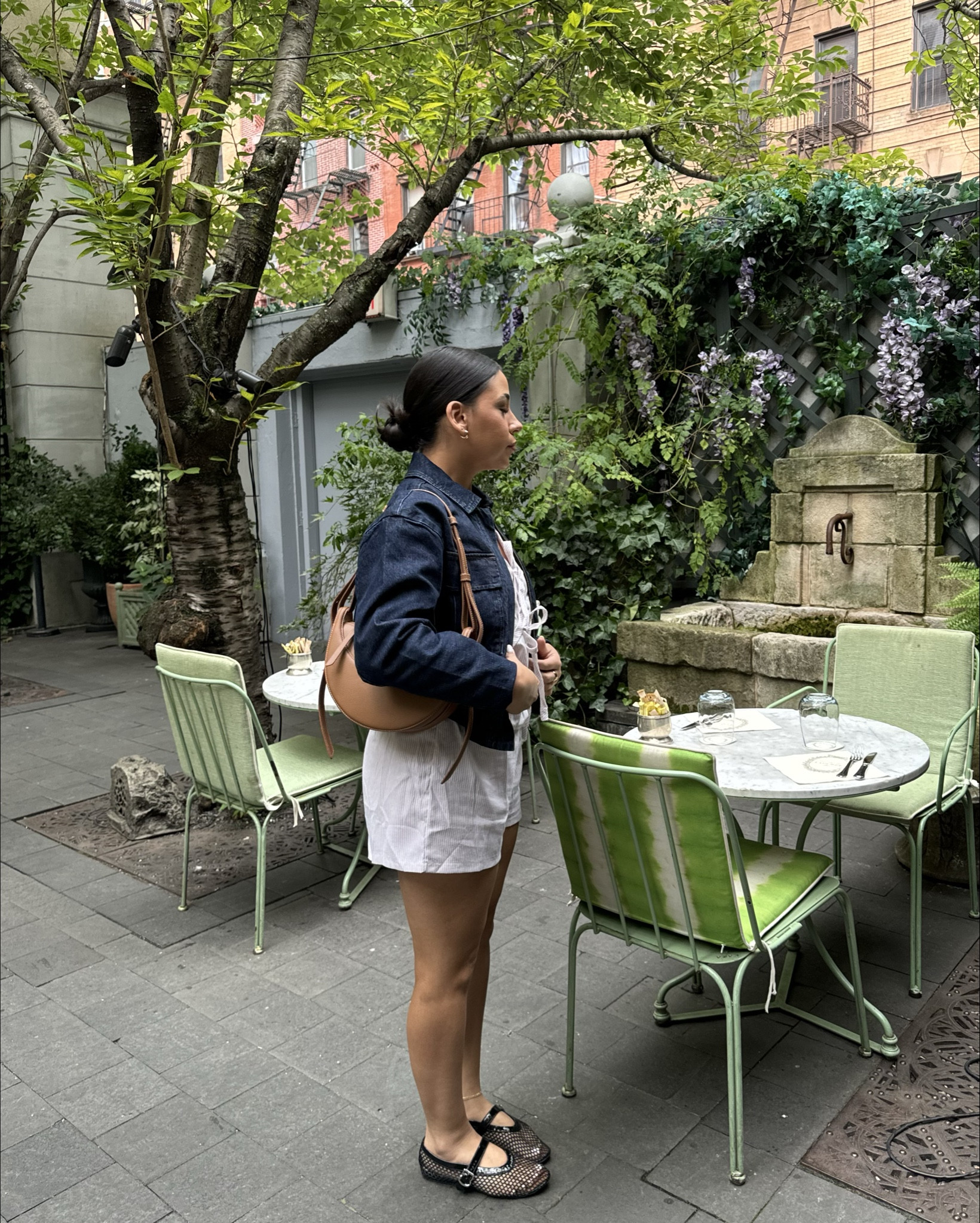 Brunch outfit idea 
Tie front shorts set: small 
Denim jacket: xs 
Mesh ballet flats: 6.5 
Polene bag número dix: linked similar 

#LTKStyleTip #LTKFindsUnder50 #LTKNYFW