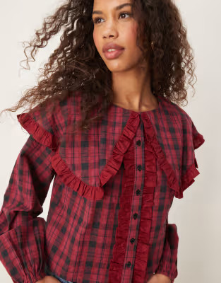 Neon Rose oversized collar tartan blouse in burgundy | ASOS | ASOS (Global)