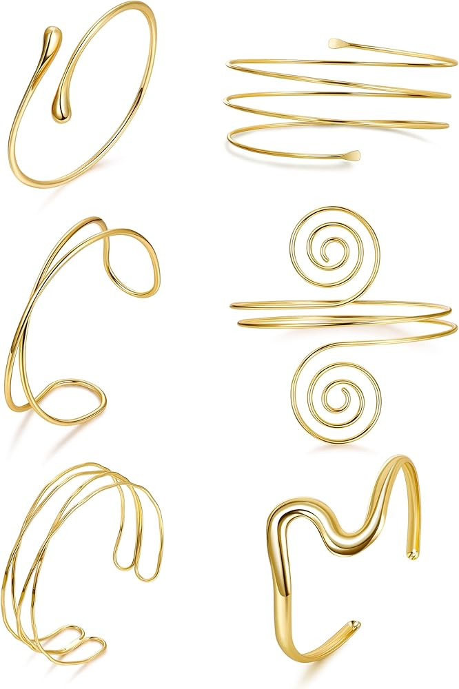 6Pcs Arm Cuff Gold Upper Arm Cuff Bracelet for Women Adjustable Open Cuff Bangle Minimalist Coil ... | Amazon (US)