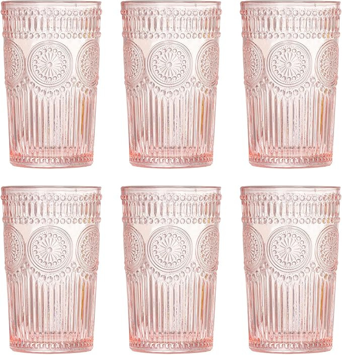 Megarte Vintage Glassware Romantic 12 OZ Pink Embossed Drinking Glasses Set of 6 - Perfect for Co... | Amazon (US)