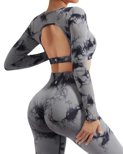 SUUKSESS Open Back Long Sleeve Scrunch Butt Booty Leggings Seamless Ribbed Workout Sets 2 Piece Outfits (#2 Black Tie Dye, M) | Amazon (US)