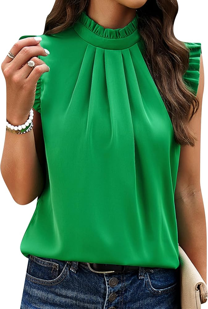 MAYRAIN Women's Solid Color Elegant Mock Neck Ruffle Trim Tops Frilled Butterfly Sleeve Summer Ta... | Amazon (US)