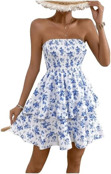 WDIRARA Women's Floral Print Ruffle Hem Tiered Layer Backless Shirred Tube A Line Dress | Amazon (US)