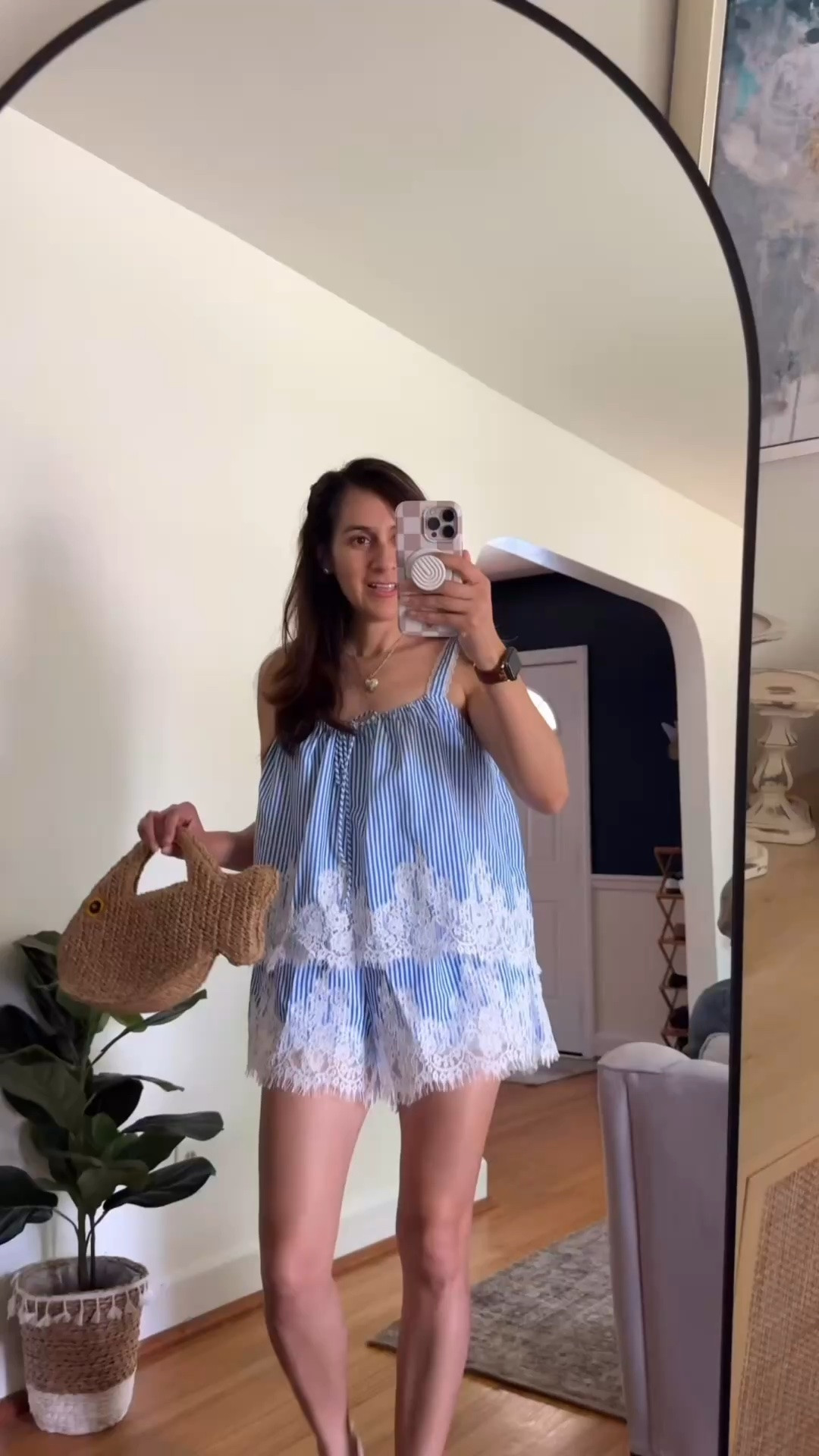 Summer is still reigning 👑🥵
Looking for a cute summer outfit  that feels feminine, lightweight? This blue-and-white striped set is such a pretty warm-weather find. Also I link a stripe romper.. so cute and never boring

The delicate lace trim, relaxed fit, makes it perfect for beach vacations, brunch, pool days, summer errands, or casual weekend plans. I styled it with woven Mary Jane flats and a playful fish-shaped straw bag for an effortless coastal-inspired outfit.

Safe for your next summer haul! ￼

#LTKOver40 #LTKootd #LTKTravel