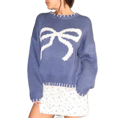 Women Cute Bow Sweater Long Sleeve Bow Front Knitted Pullover Oversized Jumper Ribbed Knitwear Y2k Going Out Top (Light Blue a, L) | Amazon (US)
