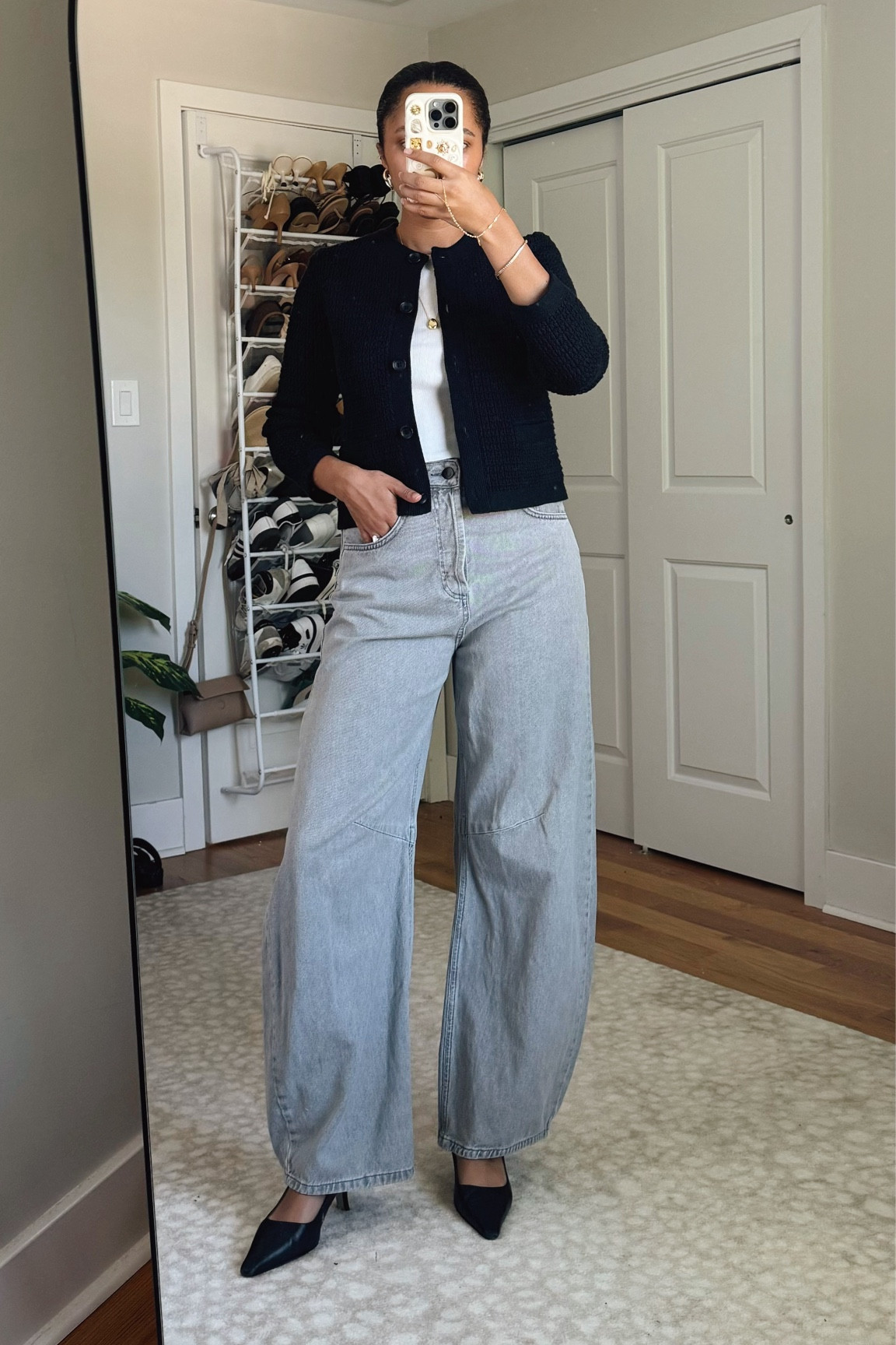Work outfit, textured cardigan, wide leg jeans, barrel leg jeans,  slingback heels 

#LTKFindsUnder50 #LTKStyleTip #LTKSaleAlert