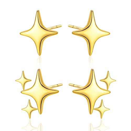 Gold Stud Earrings Sterling Silver Post Earrings Star Stud Earrings for Women Teen Trendy Hypoallergenic Small Post Pierced Studs Earrings Jewelry Gifts (2 Pairs Stars Gold) | Amazon (US)