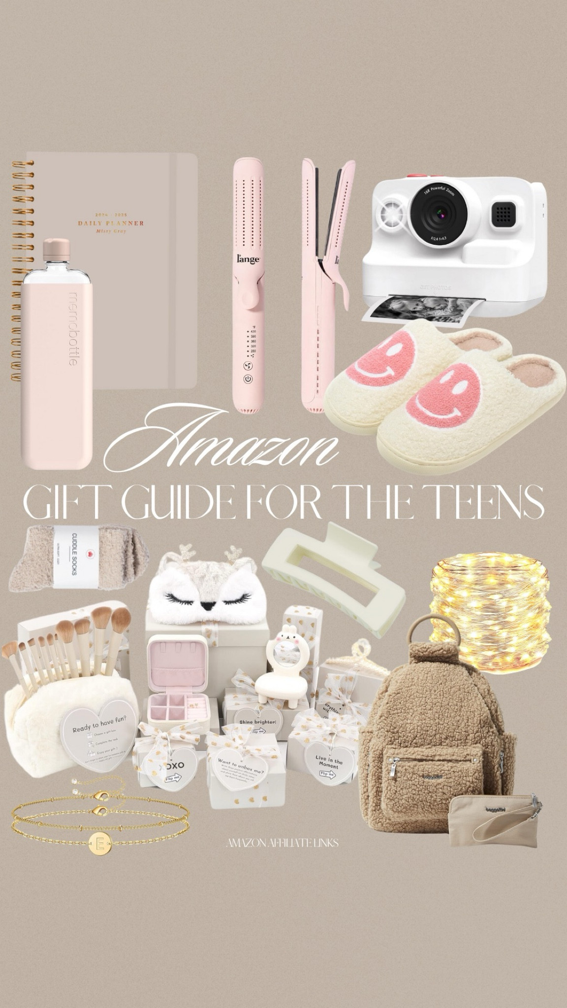 Amazon gift guide for teens
Journal 
Curling iron and straightener
Hair clip
Gift set
Backpack
Twinkling lights 
Bracelet 
Slippers
Polaroid camera 

#LTKGiftGuide