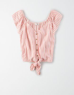 AE Tie Front Button Up Blouse | American Eagle Outfitters (US & CA)
