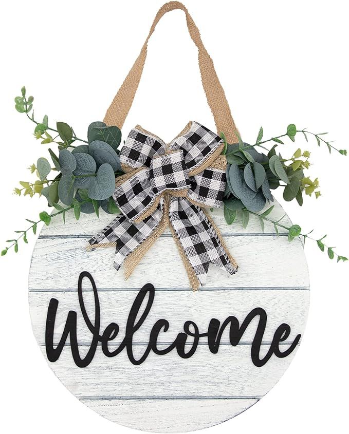 3D Welcome Wreaths for Front Door | White Horizontal Concave Stripes Wooden Farmhouse Welcome Sig... | Amazon (US)
