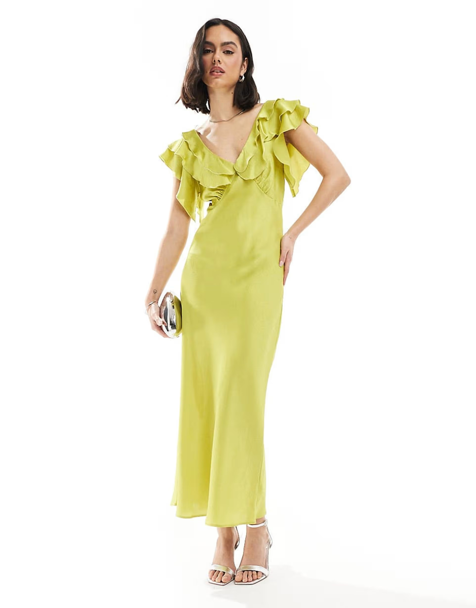 New Look ruffle sleeve satin midi dress in bright green | ASOS (Global)