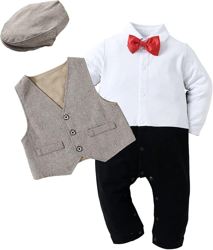 HOSUKKO Baby Boy Suit, One-Piece Romper & Vest & Beret & Bowtie (0-24 Months) | Amazon (US)