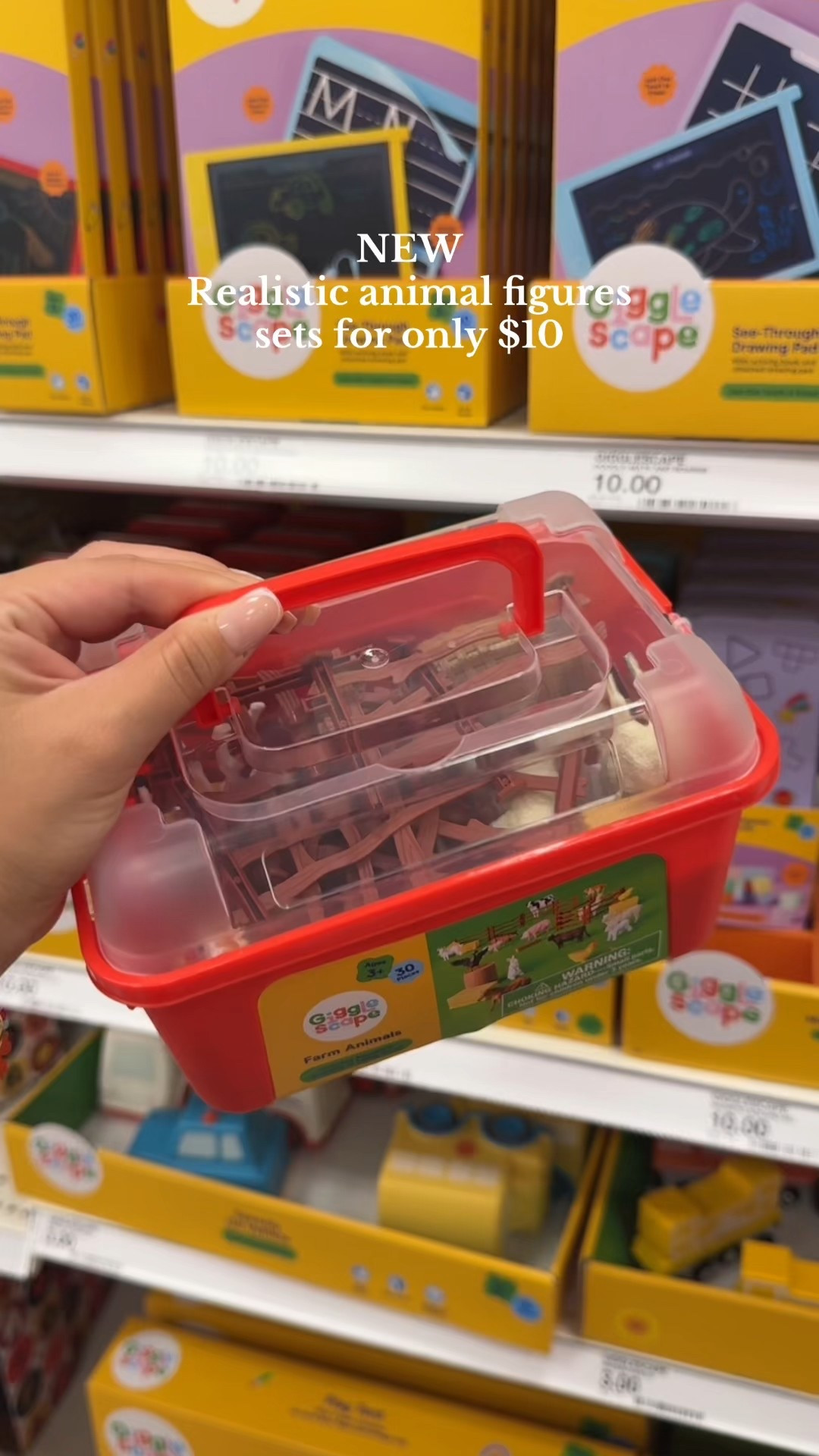 NEW from Giggle Scape: 30 piece realistic animal figurines for only $10.

These are the perfect size for sensory bins & available in 3 different categories: farms animals, safari animals & sea creatures.

I love that they come with their own little storage bin too!