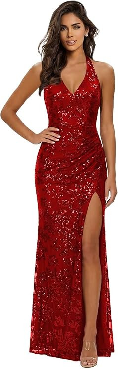 Lace Sequin Prom Dress Long Ball Gown 2026 Halter V Neck Mermaid Formal Evening Dresses with Slit | Amazon (US)