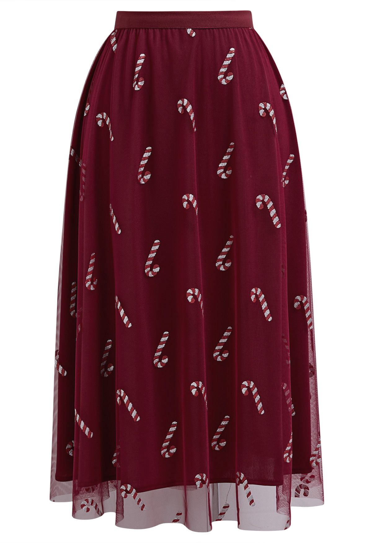 Shimmer Candy Cane Mesh Tulle Midi Skirt in Burgundy | Chicwish