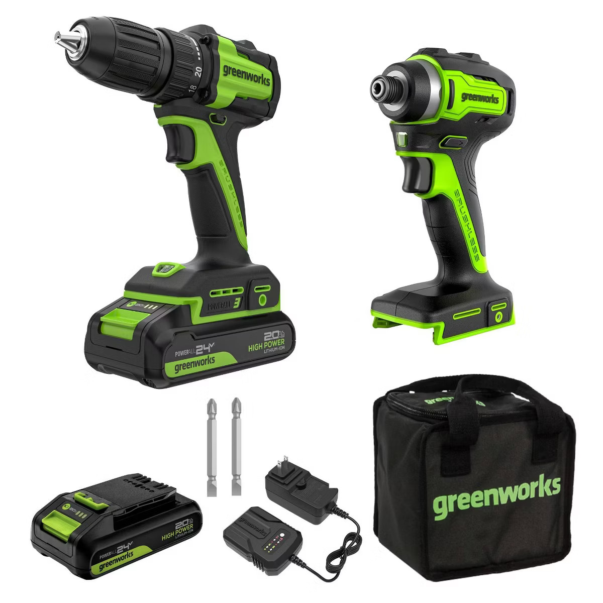 Greenworks POWERALL 24V Cordless Brushless Drill/Impact Driver with 2 Batteries of 2.0Ah and Char... | Target