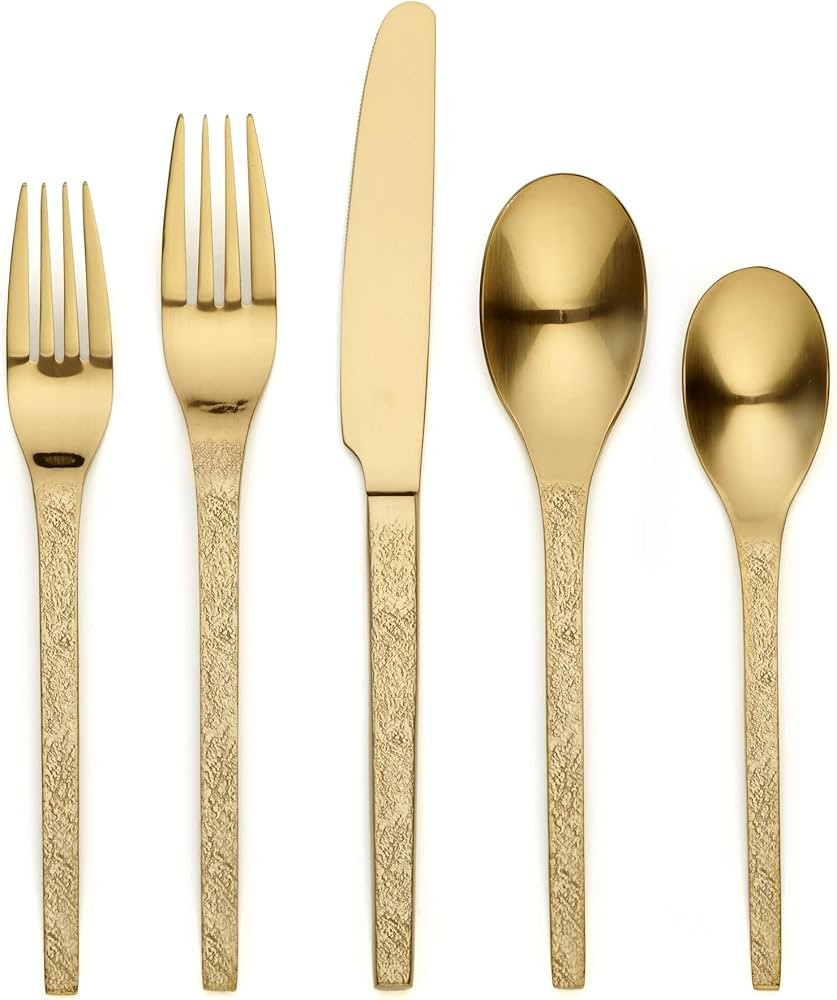 20 Piece Matte Gold Embossed Pattern Handle Silverware Set,Ornative Eve Flatware Cutlery Set Serv... | Amazon (US)