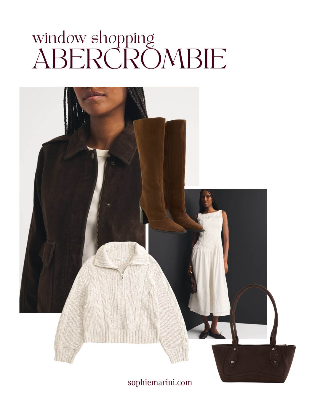 Window shopping at Abercrombie 

[abercrombie fall outfits, Suede Shoulder Bag, chocolate brown Suede Knee high Boots, Sperry boat shoes, Scarf Denim Shirt, Brown Velvet Denim Jacket, Cotton Lace Midi Dress, Cotton Roll Neck Crew Sweater, High Rise Jeans, Cable Knit Half-Zip Sweater] 

 #LTKSeasonal