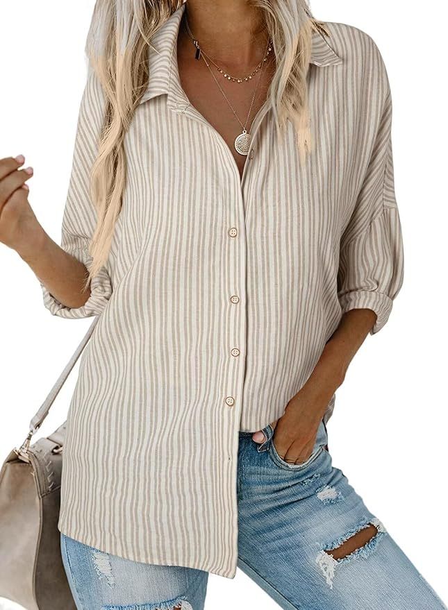 Astylish Women Oversized Striped Shirt Button Down Blouse Casual V Neck Long Sleeve Linen Top | Amazon (US)