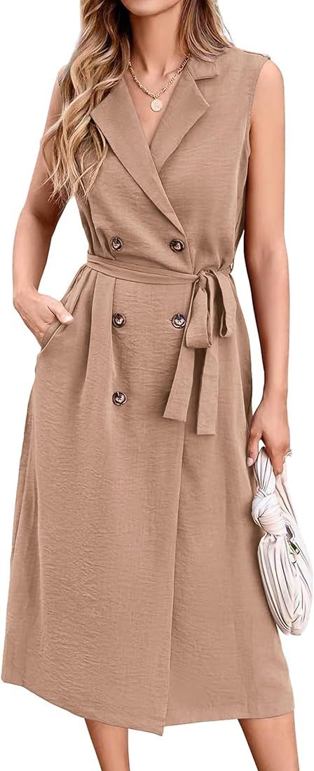 BTFBM Business Casual Dress 2024 Summer Work Office Lapel V Neck Slit Belted Sleeveless Button Do... | Amazon (US)