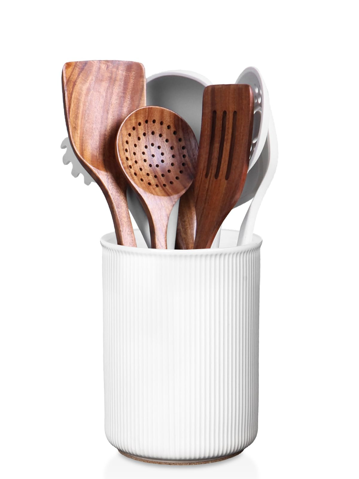 LoeJan 6.7" Utensil Holder, Ceramic Kitchen Utensil Holder with Cork Bottom, Large Utensil Crock for Countertop, Vintage Cooking Tool Organizer Set for Kitchen Counter Decor(White) | Amazon (US)