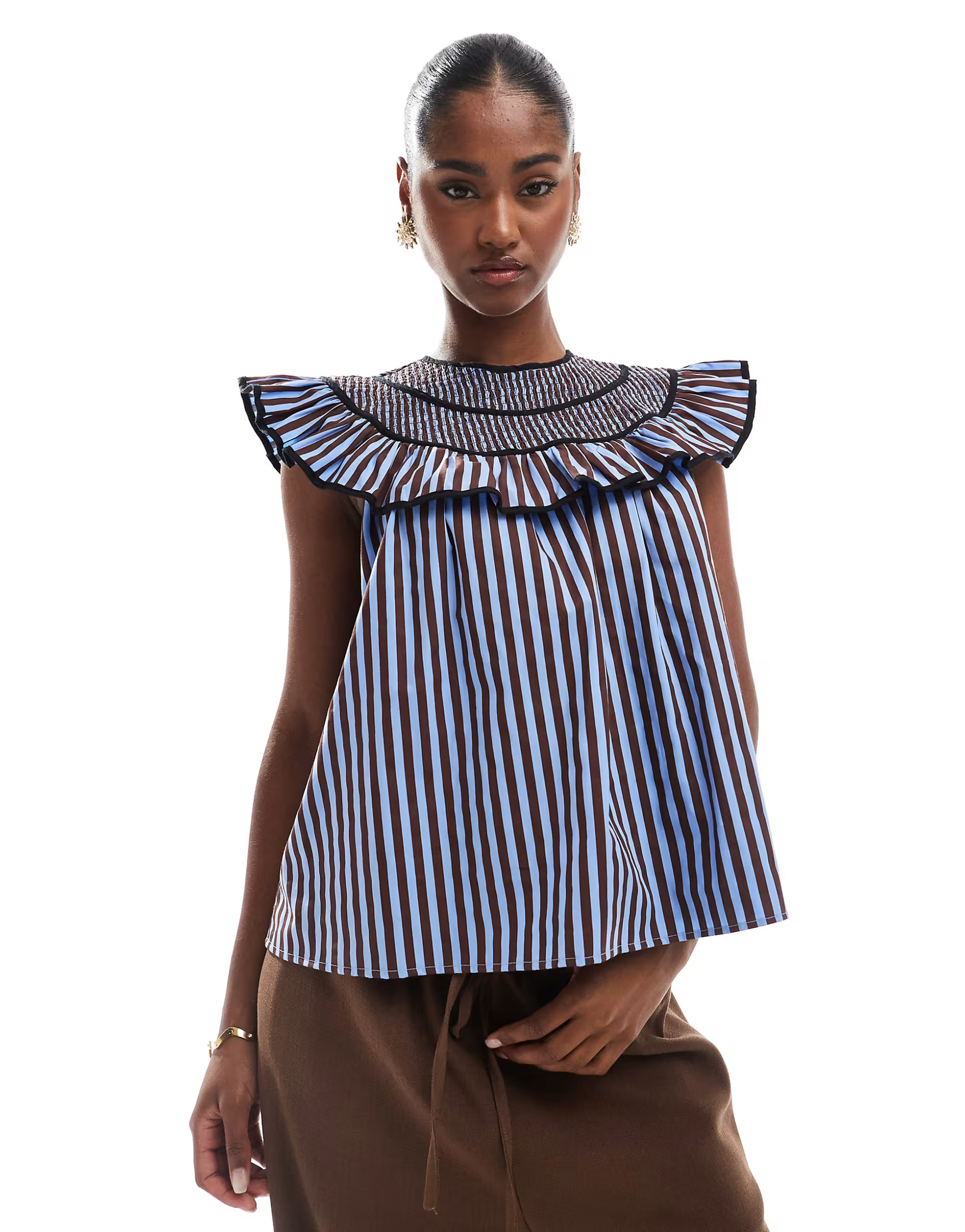 ASOS DESIGN shirred yoke top in blue and brown stripes | ASOS | ASOS (Global)