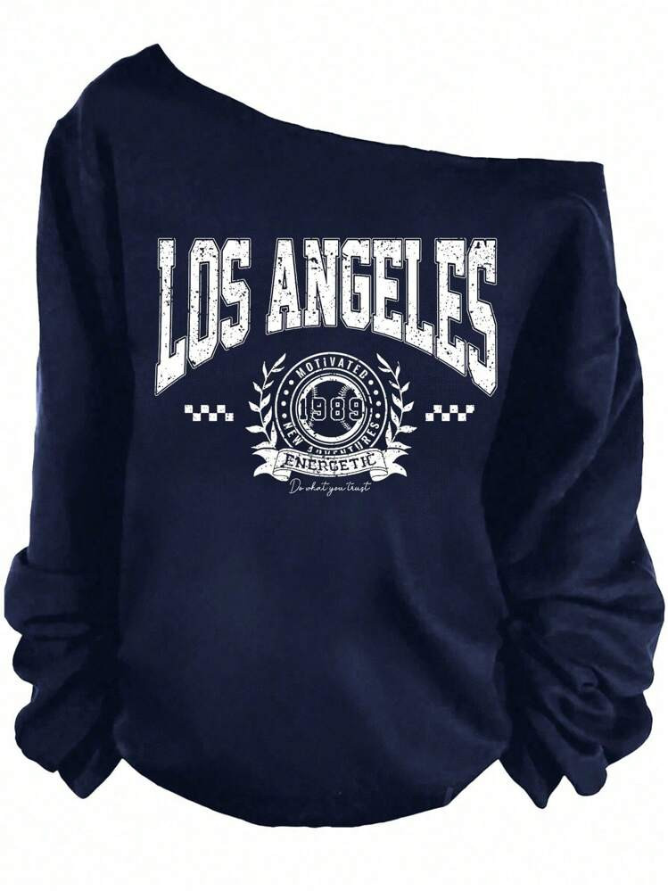 SHEIN EZwear Casual College Style Deep Navy California Graphic Loose Off Shoulder Thick Hoodie Sweatshirt Back To School Fall And Winter Clothing Autumn And Winter | SHEIN