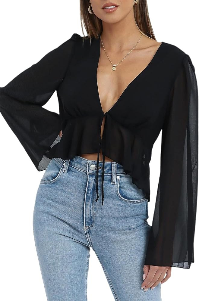 Hilinker Women's Deep V Neck Long Sleeve Crop Top Chiffon Ruffle Hem Blouse Shirt | Amazon (US)
