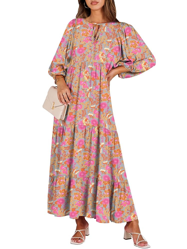 ANRABESS Womens Boho Maxi Dresses 2025 Summer V Neck Puff Sleeve Floral Flowy Swing Casual Long D... | Amazon (US)