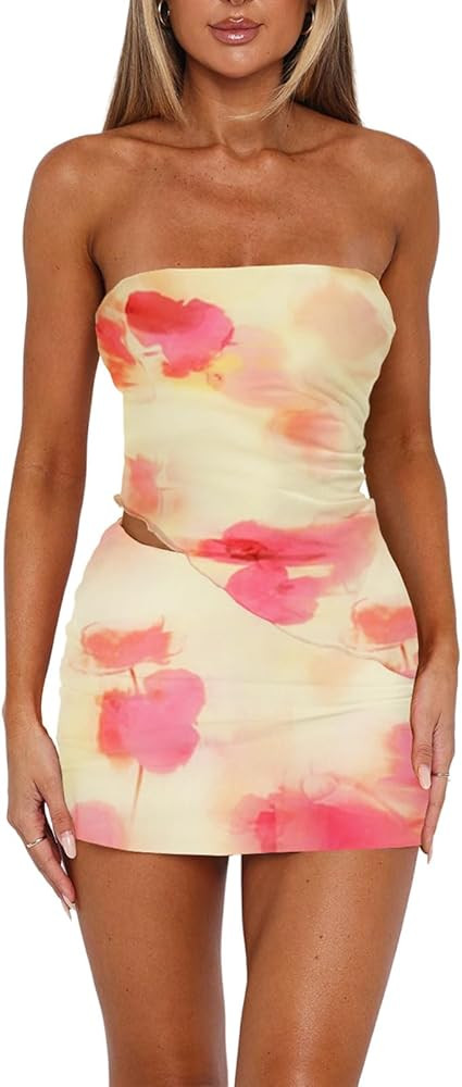 Goafuliy Two Piece Skirt Set for Women Summer Asymmetrical Mesh Strapless Tube Tops Mini Skirt Se... | Amazon (US)