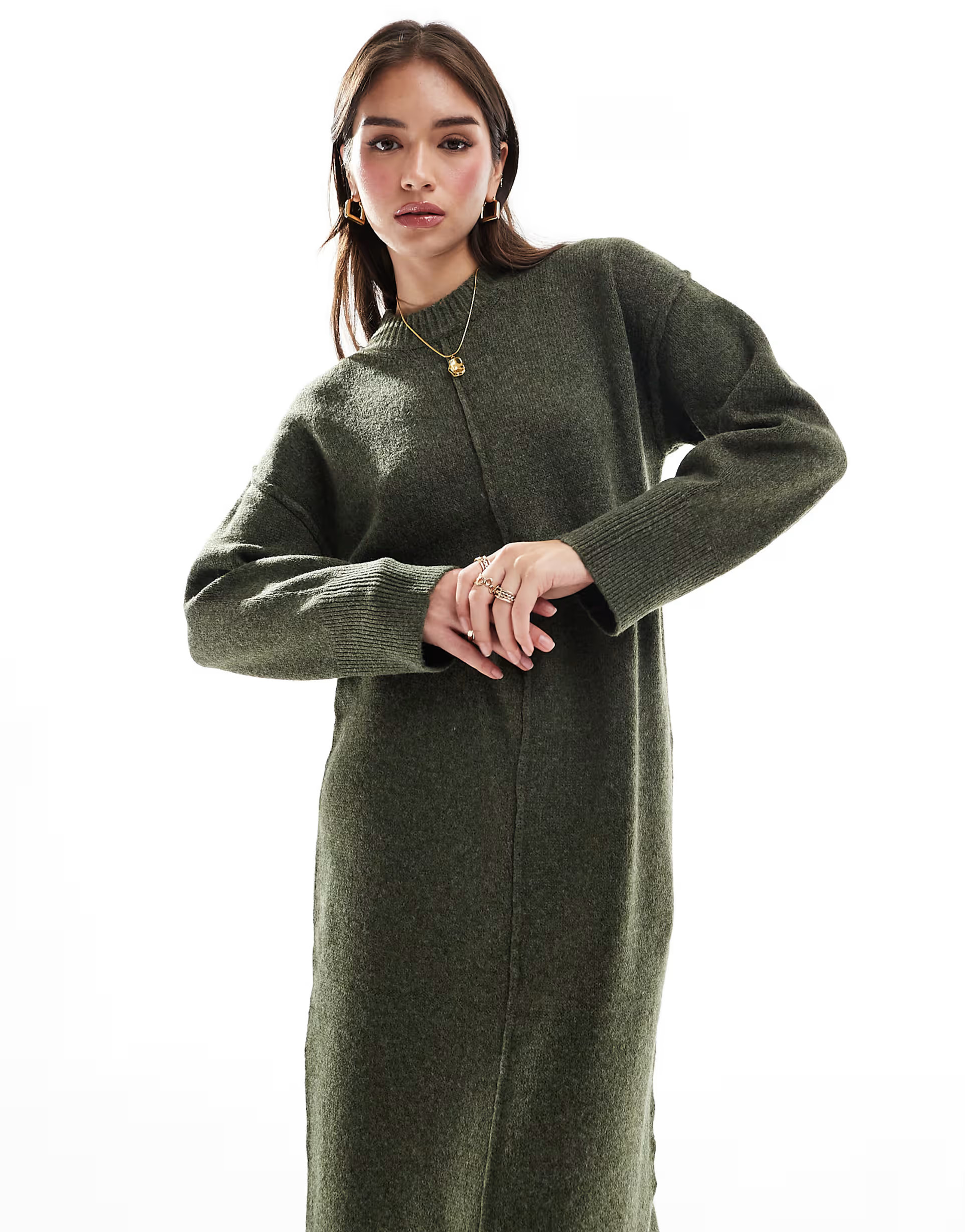 ASOS DESIGN seam front knitted midaxi dress in khaki | ASOS (Global)