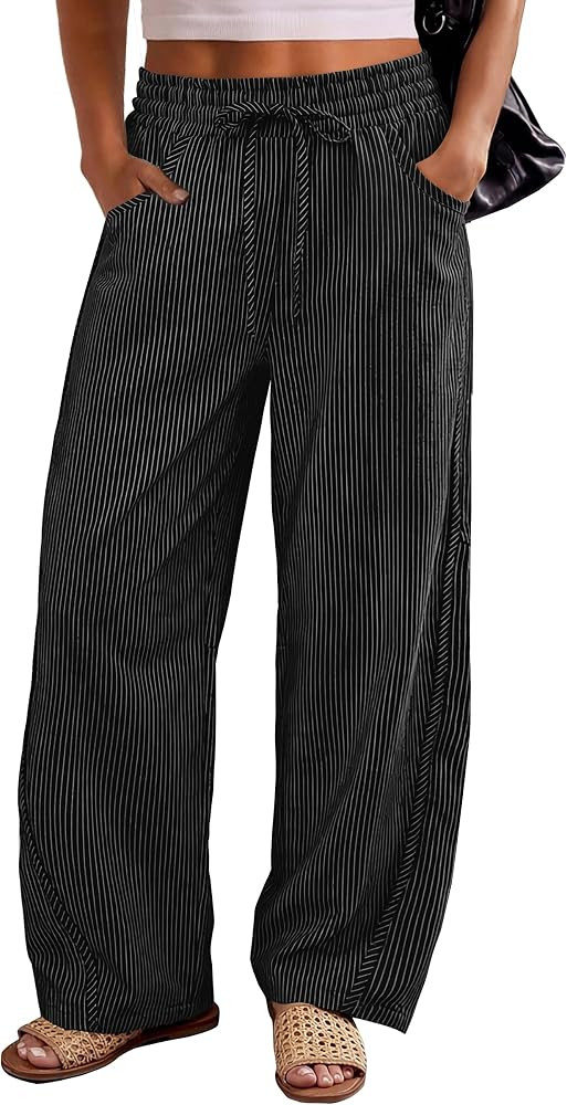 ANRABESS Womens Striped Barrel Casual Pants 2026 Trendy Summer Elastic Drawstring Baggy Lounge Wi... | Amazon (US)