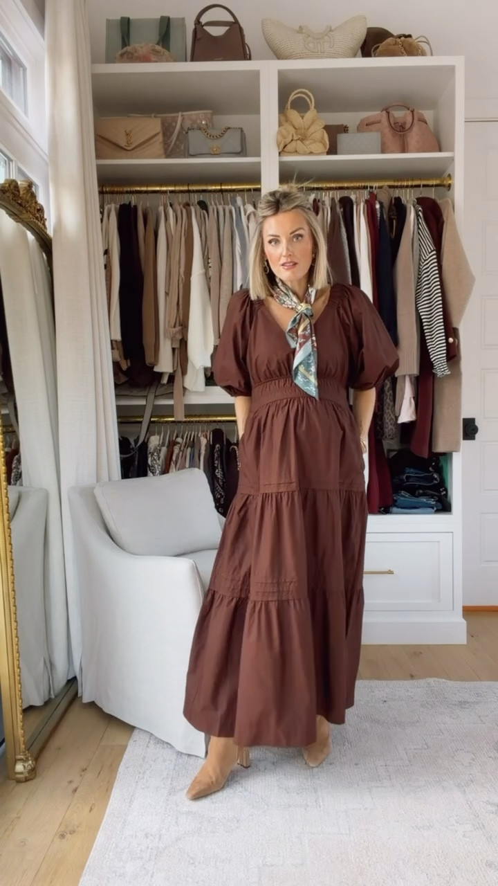 I love the way this dress fits - nice v-neck with puffy sleeves and maxi length! This color is also really good! I styled it here with a scarf that has some brown in it - this scarf comes in a two pack! Wearing size S in this dress to accommodate the bump! #anthropartner @anthropologie

Loverly Grey, Anthropologie, winter outfit, silk scarf, brown dress, maxi dress, maternity 

#LTKSeasonal