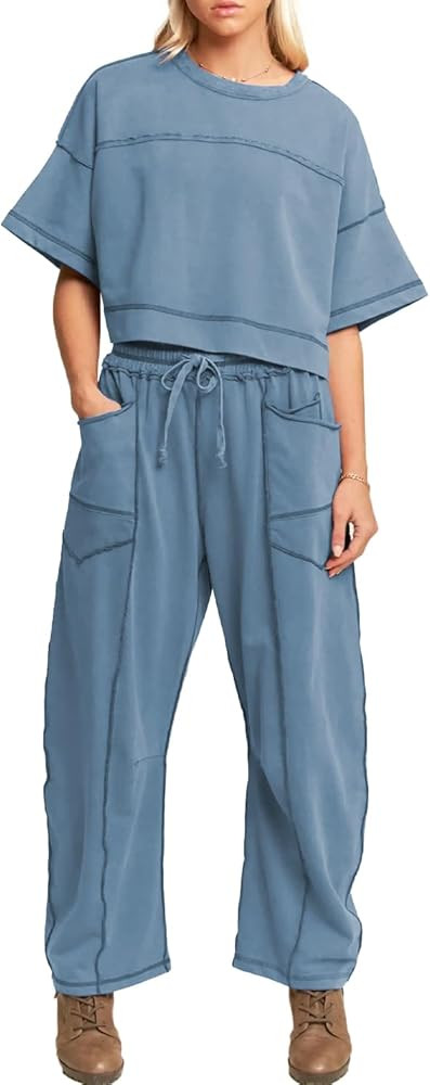 Womens 2 Pieces Sweatsuit Set Cropped Boxy T Shirt Drawstring Wide Leg Pant Travel Tracksuit Casu... | Amazon (US)