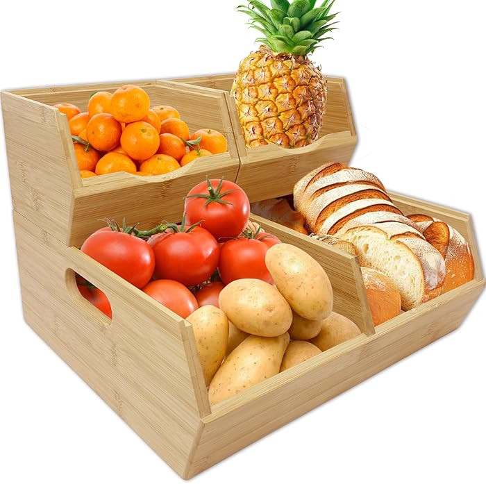 MinBoo Bamboo Stackable Pantry Storage Bins Potato and Onion Storage,Fruit Basket for Pantry Orga... | Amazon (US)