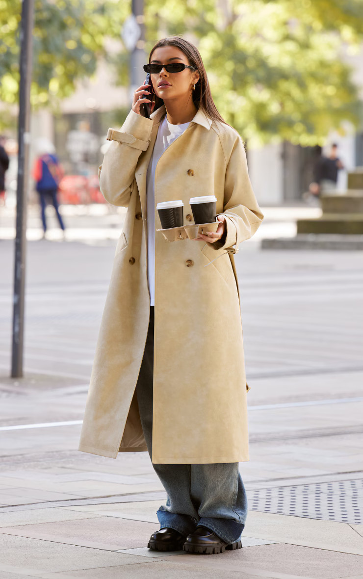 Cream Textured Faux Leather Trench Coat | PrettyLittleThing US