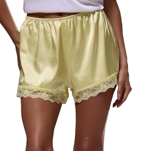 Women Lace Trim Satin Shorts Silky Bloomers French Knickers Slip Culotte Pettipants Y2k Lounge Shorts Bottoms(Yellow,S) | Amazon (US)